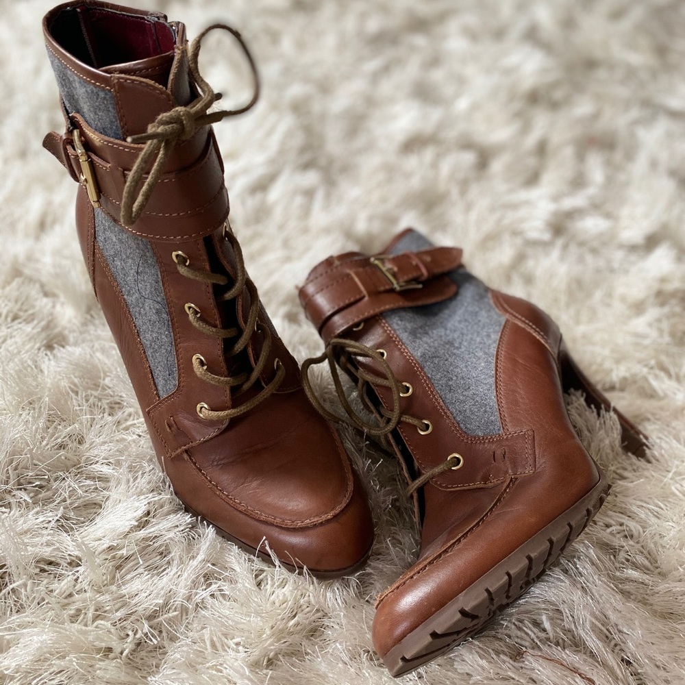 Women’s Brown Leather & Gray Fabric Lace-Up Ankle Boots